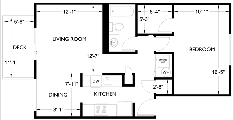 Floor plan for 1 bed, 1 bath, 720 sqft